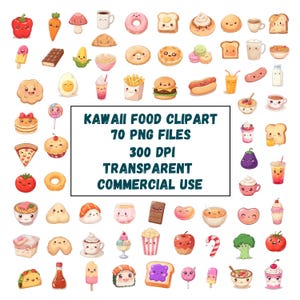 Kawaii Food Clipart Bundle – 70 Cute Food Graphics, 300 dpi, PNG Transparent Background Commercial Use, cartoon food, sweet, drinks, clipart