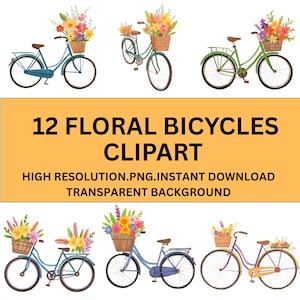 12 Floral Bicycle Clipart – Watercolor PNG, High-Resolution, Transparent Background, Instant Download