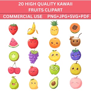 20 Kawaii Fruit Clipart Bundle – Cute Fruit Png, Svg, Jpeg, Pdf, 300 DPI, Transparent Background, Digital Download