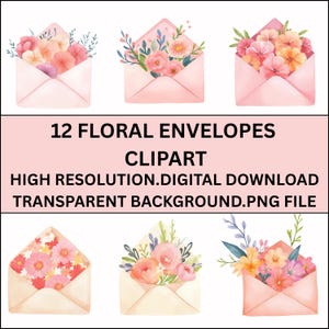 12 Sobres Florales Clipart – Acuarela PNG, 300 DPI, Fondo Transparente, Descarga Instantánea, Álbum de Recortes, Diario, Planificadores, Ilustraciones, Lindo