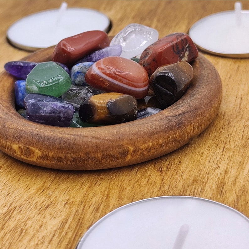 Wood Candle Holder Decorated with 7 Chakra Natural Stones New home good luck gift Housewarming Gift mother's day gift zdjęcie 3