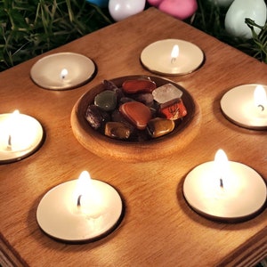 Wood Candle Holder Decorated with 7 Chakra Natural Stones New home good luck gift Housewarming Gift mother's day gift zdjęcie 1