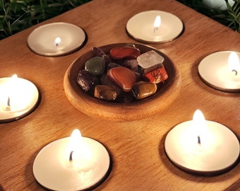 Wooden Candle Holder Decorated with 7 Chakra Natural Stones New home good luck gift Housewarming Gift