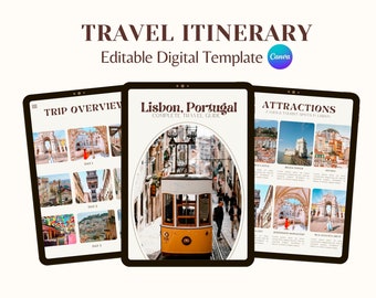 Plantilla de itinerario de viaje digital para Lisboa, Portugal / Descarga digital editable en Canva