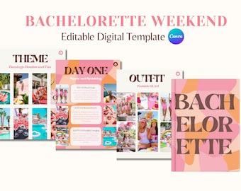 Itinerario digital de despedida de soltera con temática de Barbie retro / Itinerario de viaje de chicas / Planificador de fin de semana editable en Canva