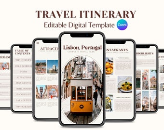 Guía digital de viaje a Lisboa, Portugal / Plantilla de itinerario móvil / Editable en Canva