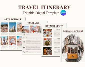 Plantilla de itinerario para Lisboa, Portugal / Guía de viaje editable en Canva (Descarga digital)