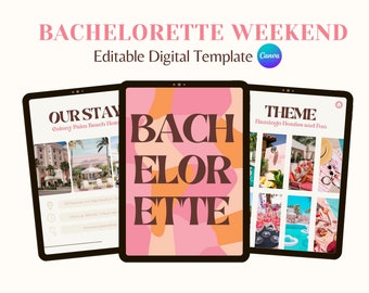 Itinerario digital de despedida de soltera con temática de Barbie retro / Itinerario de viaje de chicas / Plantilla editable de Canva Planner
