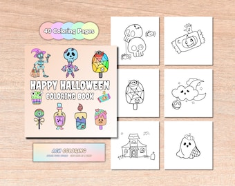 May include: A coloring book with 40 pages featuring cute Halloween themed illustrations. The cover features a skeleton holding a pumpkin, a bat, a lollipop with a spider web, and the text "Happy Halloween Coloring Book".