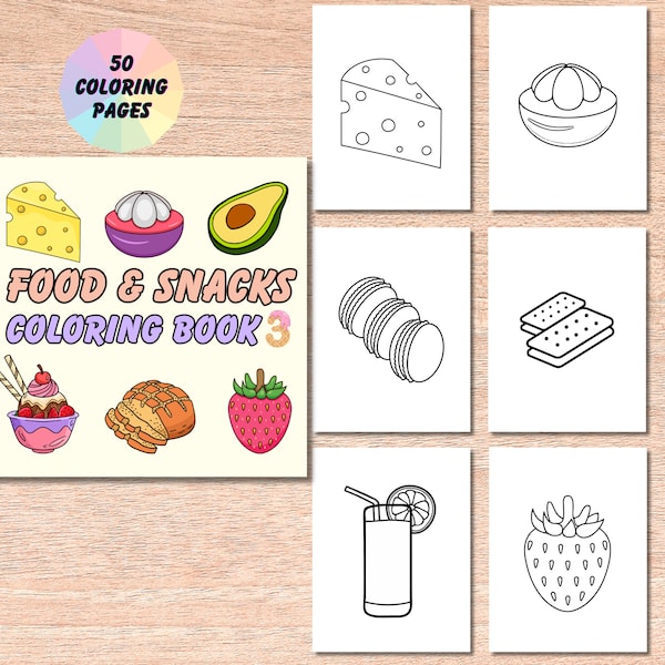 Food And Snacks Coloring Book 3 | Bold and Easy, Fruits Coloring Pages, Dessert Printable, Kids Activity, Instant Digital Download