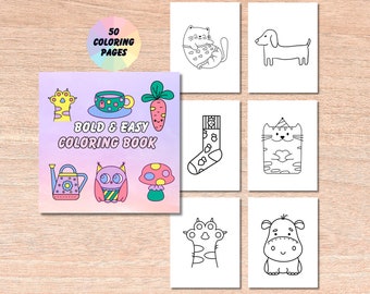 Może przedstawiać: Książka do kolorowania z tęczową okładką i tekstem "Bold & Easy Coloring Book". Okładka zawiera ilustracje konewki, sowy, grzyba, odcisku łapy, filiżanki do herbaty, marchewki i skarpetki. Książka zawiera 50 stron do kolorowania.
