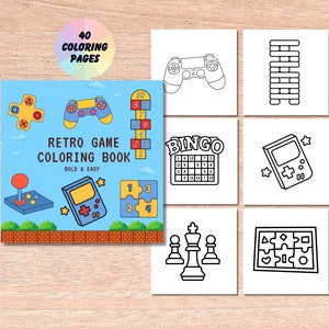 May include: A coloring book with 40 pages featuring retro game illustrations. The cover shows a blue background with a joystick, a game console, a puzzle, and a ladder game. The title "Retro Game Coloring Book" is written in black text with the words "Bold & Easy" in smaller text below.