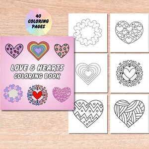 Könnte beinhalten: Ein rosa Malbuch mit dem Titel "Love & Hearts Coloring Book". Der Einband zeigt verschiedene Herzmotive, darunter ein Regenbogenherz, ein Herz mit Punkten und ein Herz mit kleineren Herzen darin. Das Buch enthält 40 Malvorlagen.