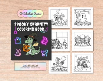 May include: A coloring book with a black cover and the title "Spooky Serenity Coloring Book". The cover features a green dragon wearing a witch's hat and holding a pumpkin. There are 40 coloring pages in the book.