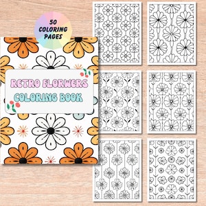 Retro Flowers Coloring Book | Easy Retro style Coloring page, trendy retro coloring, Folk Florals Digital Coloring Book