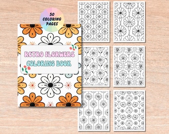 Retro Flowers Coloring Book | Easy Retro style Coloring page, trendy retro coloring, Folk Florals Digital Coloring Book