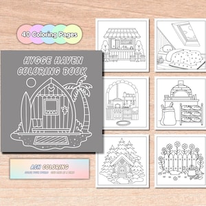 May include: A black and white coloring book with the title "Hygge Haven Coloring Book". The cover features a small house with a surfboard and palm tree. The book has 40 coloring pages.