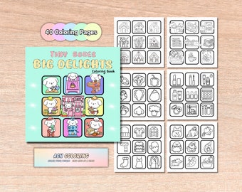 Könnte beinhalten: Ein Malbuch mit dem Titel "Tiny Boxes Big Delights" mit 40 Malvorlagen. Der Einband zeigt einen hellblauen Hintergrund mit weißem Rand und ein Cartoon-Bild eines Hundes vor einem Café. Das Buch ist für Kinder gedacht.