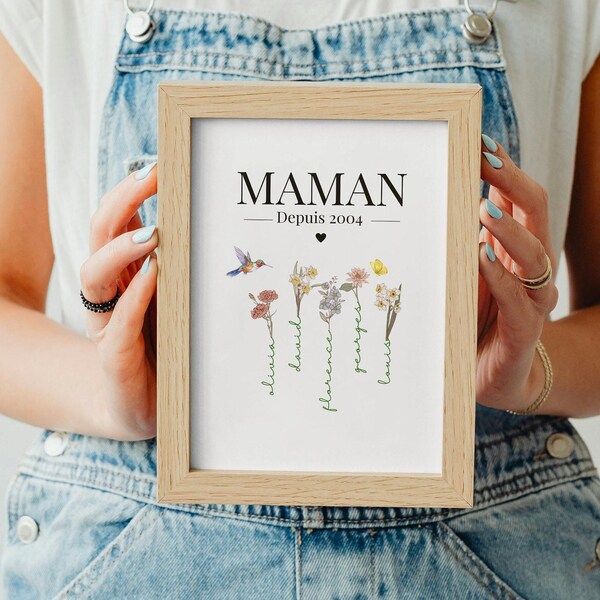 Affiche personnalisée maman | Cadeau Maman | Personalized Digital Print for Mom | Family Birth Flowers | gift for her