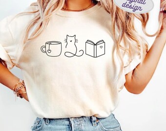 Cat Tea Books T-shirt, Cozy Reading Graphic Tee, Book Lover Gift, Minimalist Unisex Apparel