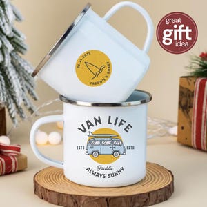 Van Life Gifts Personalized Campervan Enamel Mug, Retro Van Life Surf Gift, Custom Couples Camp Cup for Outdoors Beach Adventure Anniversary