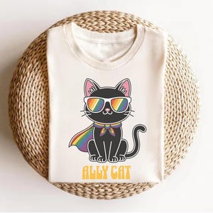 Puede incluir: Camiseta blanca con un gato negro que lleva gafas de sol arcoíris y una capa arcoíris. El texto "ALLY CAT" está impreso debajo del gato.