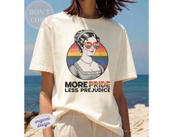 Más orgullo, menos prejuicios. Camiseta literaria LGBTQ de Jane Austen.