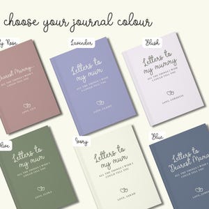 May include: An assortment of journals in various colors, including dusty rose, lavender, blush, olive, ivory, and blue. Each journal features the text "Letters to my mum" or "Dearest Mama" in elegant script, with additional text below.