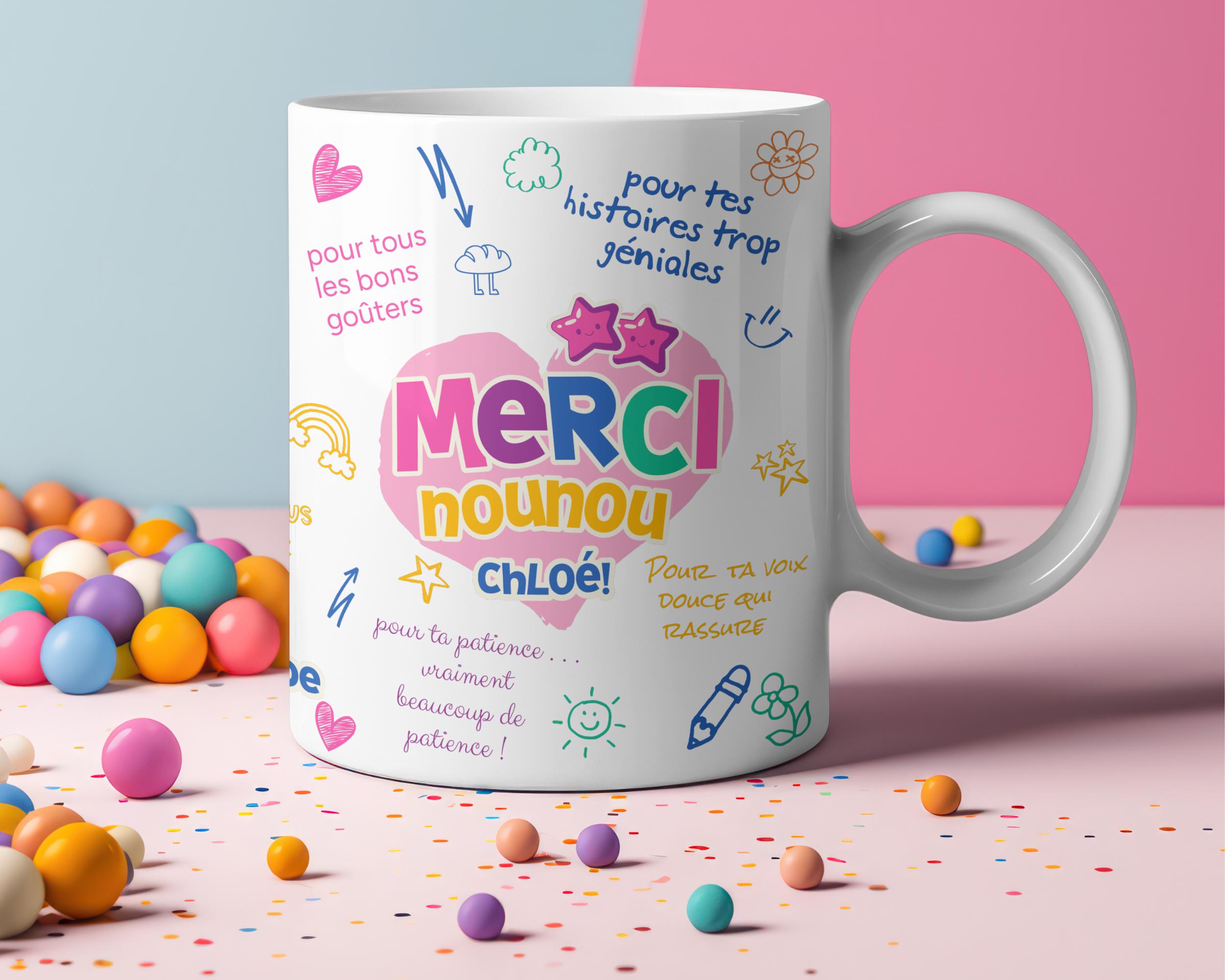 Mug Nounou personnalisable, cadeau nounou fin d’année, mug merci nounou, cadeau atsem personnalisé fin d’année scolaire école maternelle