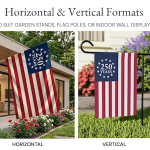 May include: A decorative flag featuring a blue canton with a circle of thirteen white stars surrounding the text 250 YEARS, paired with red and white vertical stripes. The design is displayed in both horizontal and vertical formats.