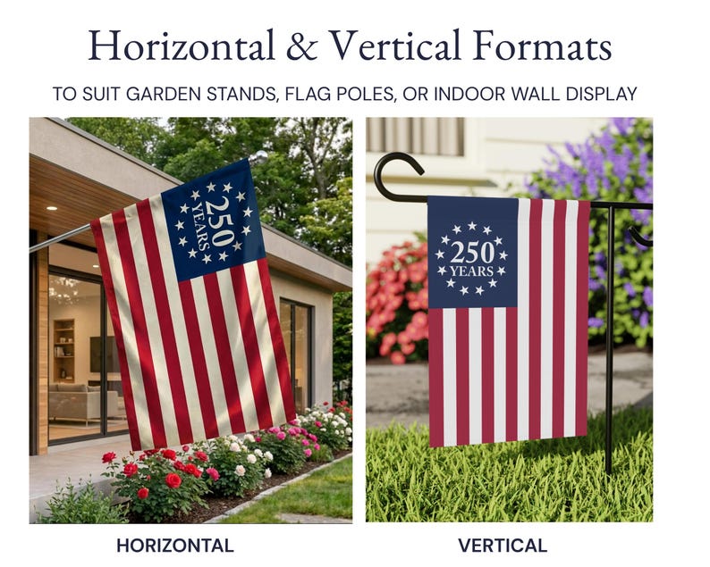 May include: A decorative flag featuring a blue canton with a circle of thirteen white stars surrounding the text 250 YEARS, paired with red and white vertical stripes. The design is displayed in both horizontal and vertical formats.