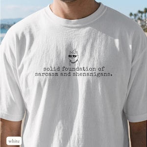 May include: A white short-sleeved t-shirt featuring a black line drawing of a cat wearing sunglasses, a party hat, and a chain necklace. Below the cat, the text reads: solid foundation of sarcasm and shenanigans. The shirt has a crew neckline.
