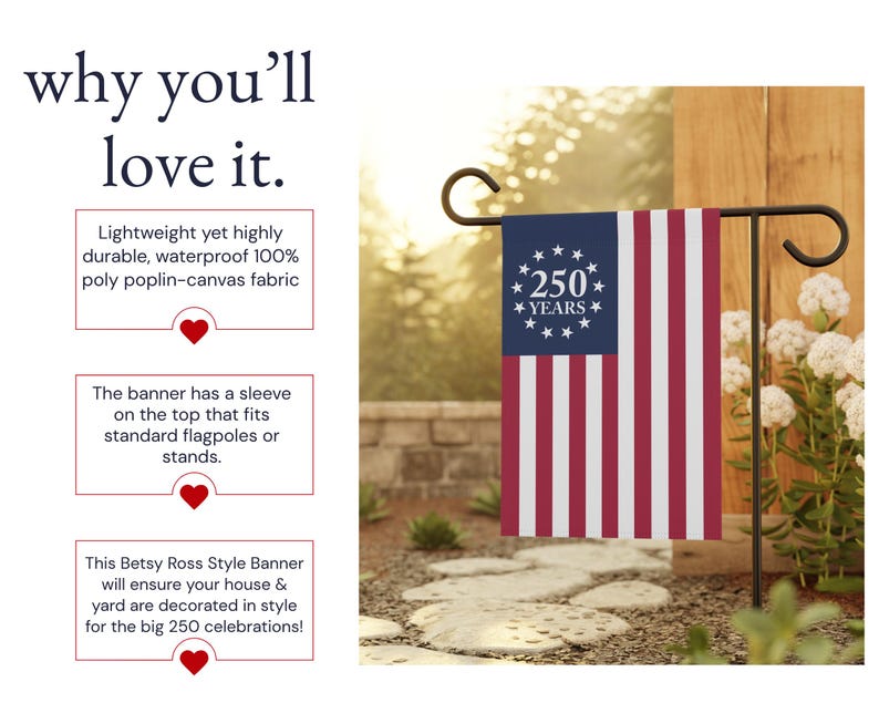 May include: A rectangular garden flag featuring a blue canton with a circle of thirteen white stars surrounding the text 250 YEARS, and thirteen alternating red and white vertical stripes. The flag hangs from a black metal garden flag stand.