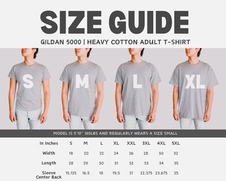 May include: A size guide for a Gildan 5000 heavy cotton adult t-shirt. The graphic displays four individuals wearing grey t-shirts labeled S, M, L, and XL. A table below lists width, length, and sleeve measurements in inches for sizes S to 5XL.