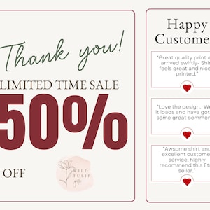 May include: A promotional graphic with the text "Thank you! LIMITED TIME SALE 50% OFF." The image also includes customer testimonials and a logo with the words "WILD TULIP gifts."