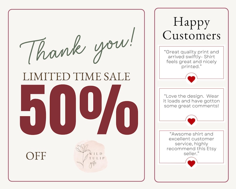 May include: A promotional graphic with the text "Thank you! LIMITED TIME SALE 50% OFF." The image also includes customer testimonials and a logo with the words "WILD TULIP gifts."