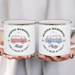 Custom Van Camp Mug Gift for Couple Mountain Camping Mug, Personalized VW Camper Van Mug, 12oz Outdoor Festival Lake Cup, Travel Enamel Mug
