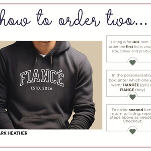 May include: Dark heather gray hoodie with the word "FIANC&Eacute;" in white, with "ESTD. 2026" underneath. The image also includes instructions on how to order the item.