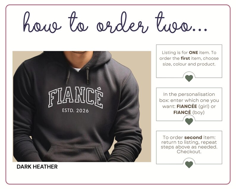 May include: Dark heather gray hoodie with the word "FIANC&Eacute;" in white, with "ESTD. 2026" underneath. The image also includes instructions on how to order the item.