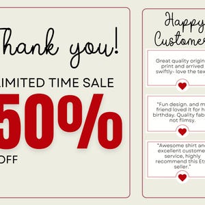 May include: A promotional graphic with a cream background and a red border. The text reads "Thank you!" and "LIMITED TIME SALE 50% OFF" in black and red. To the right are customer reviews.