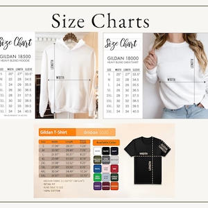 May include: Size charts for Gildan apparel, including a heavy blend hoodie, heavy blend sweatshirt, and t-shirt. The charts display measurements for width, length, and sleeve length in inches, along with available colors for the t-shirt.