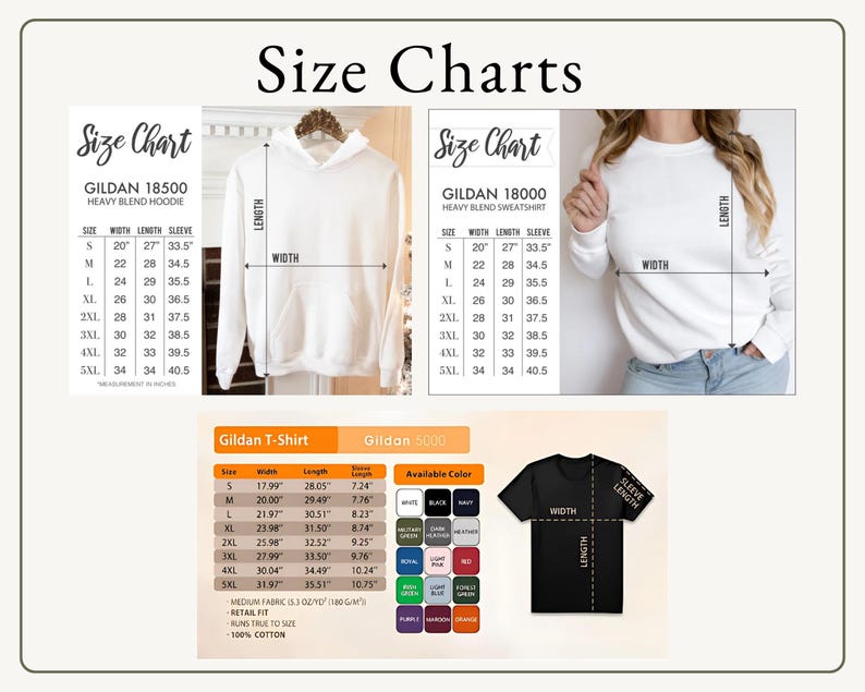 May include: Size charts for Gildan apparel, including a heavy blend hoodie, heavy blend sweatshirt, and t-shirt. The charts display measurements for width, length, and sleeve length in inches, along with available colors for the t-shirt.