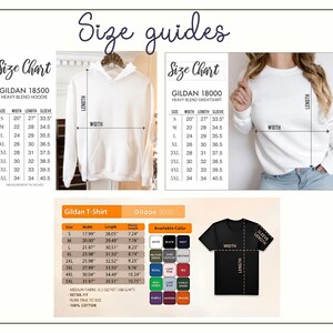 May include: A graphic showing size charts for Gildan hoodies, sweatshirts, and t-shirts. The charts include measurements for width, length, and sleeve length in inches. Available colors for the t-shirts are also listed.