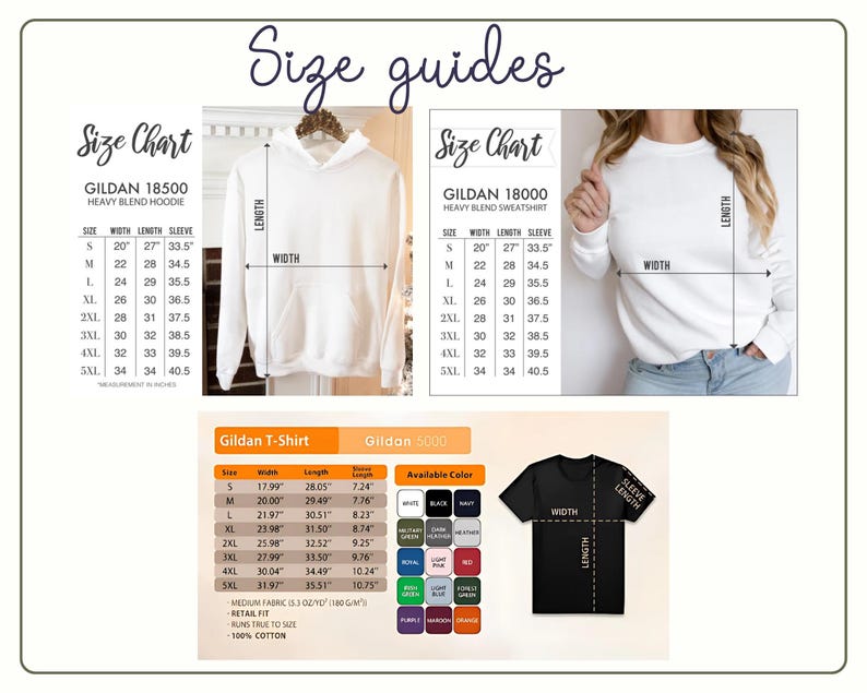 May include: A graphic showing size charts for Gildan hoodies, sweatshirts, and t-shirts. The charts include measurements for width, length, and sleeve length in inches. Available colors for the t-shirts are also listed.