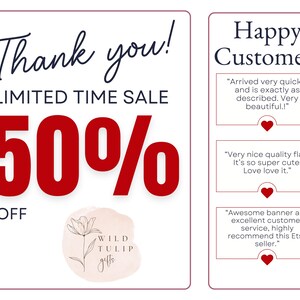 May include: A promotional graphic featuring the text Thank you! LIMITED TIME SALE 50% OFF and a Wild Tulip Gifts logo. To the right, a Happy Customers section displays three testimonials in rectangular boxes, each separated by a small red heart icon.