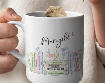 Personalised Bookshelf Book Mug, Floral Reader Gift, Custom Reading Coffee Cup