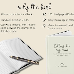 May include: An open journal with lined pages and a pen, next to a closed journal with the text "Letters to my mum". The journal is A5 size (5.7" x 8.3") with a matte laminated hard cover. The text "only the best" is at the top.