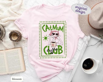 Cat Mum Coffee Club T-Shirt, Retro Cat Lover Tee, Comfort Colors Preppy Summer Top