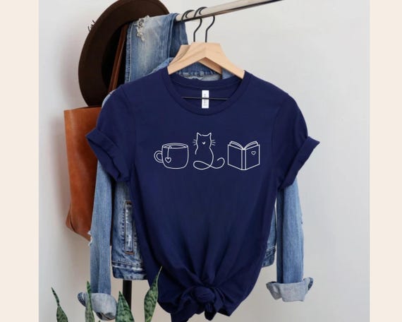 Coffee Cats Books Shirt Gift for Book Lover, Books Tea and Cat Hoodie, Cat Mom Sweatshirt, Minimalist Unisex Graphic Tee for Bibliophile