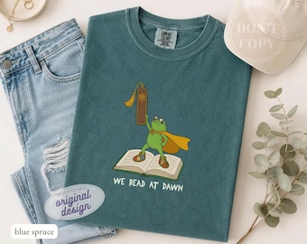 We Read At Dawn Frog Reading T-Shirt, Comfort Colors Bookish Graphic Shirt